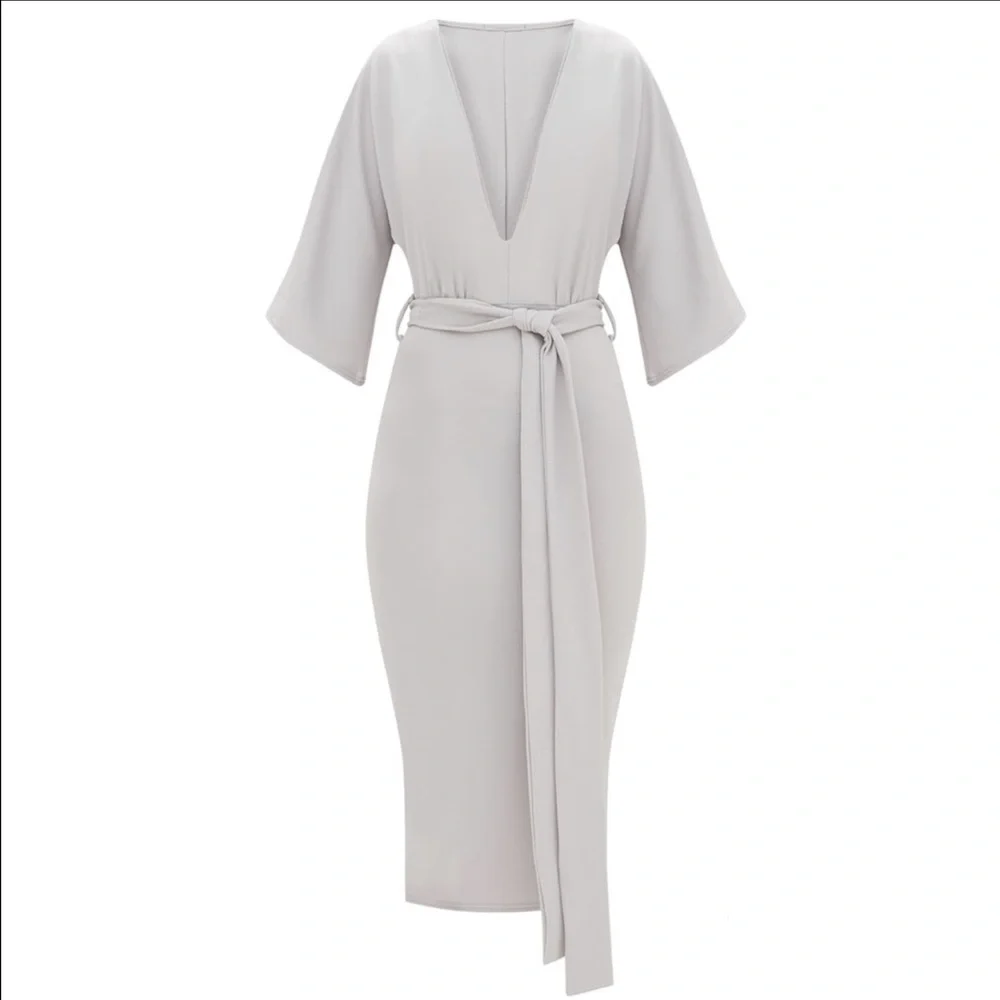 Ice Grey Kimono Sleeve Tie Waist Midi Dress - Picture 4 of 6